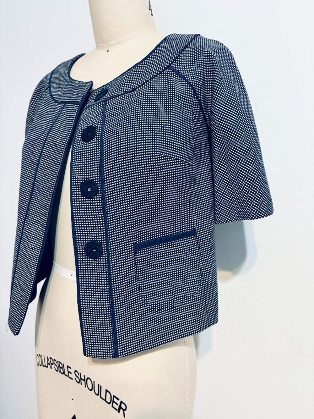 Ann Taylor Loft Navy/White Gingham Check Short-Sleeved Snap Front Blazer, 00P